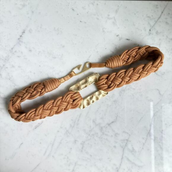 Macrame Braided Belt with Hammered Gold Tone Rectangle Hardware 30” - Picture 3 of 3